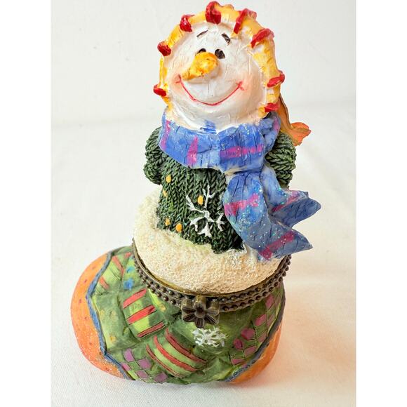 Green Whimsical Patchwork Glittery Holiday Resin Snowman Trinket Box - Picture 5 of 7